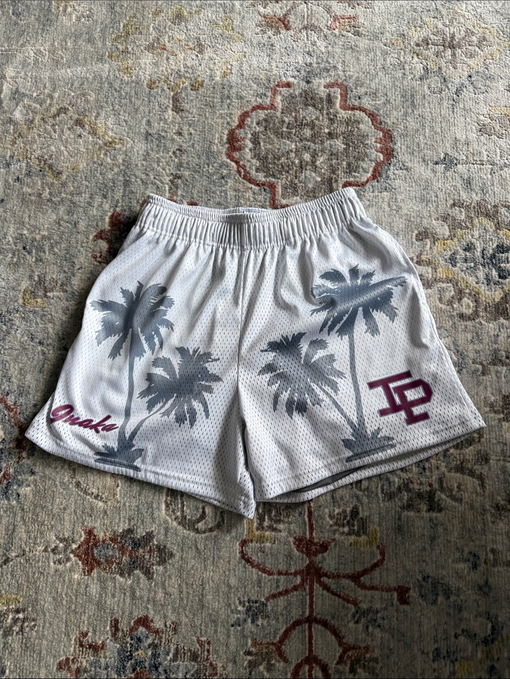 Inaka Power White Mesh Athletic Shorts with Gray Palm Print and Maroon Logo